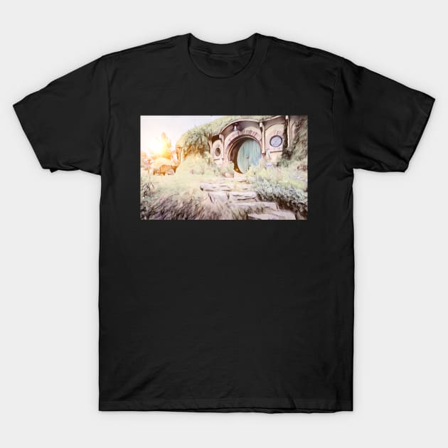 Sunrise over Bag End - Watercolour T-Shirt by TtripleP2